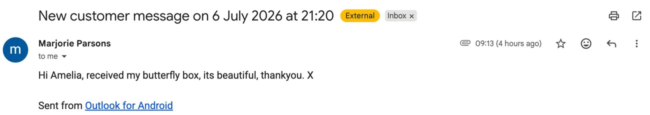 Customer message about receiving Butterfly House