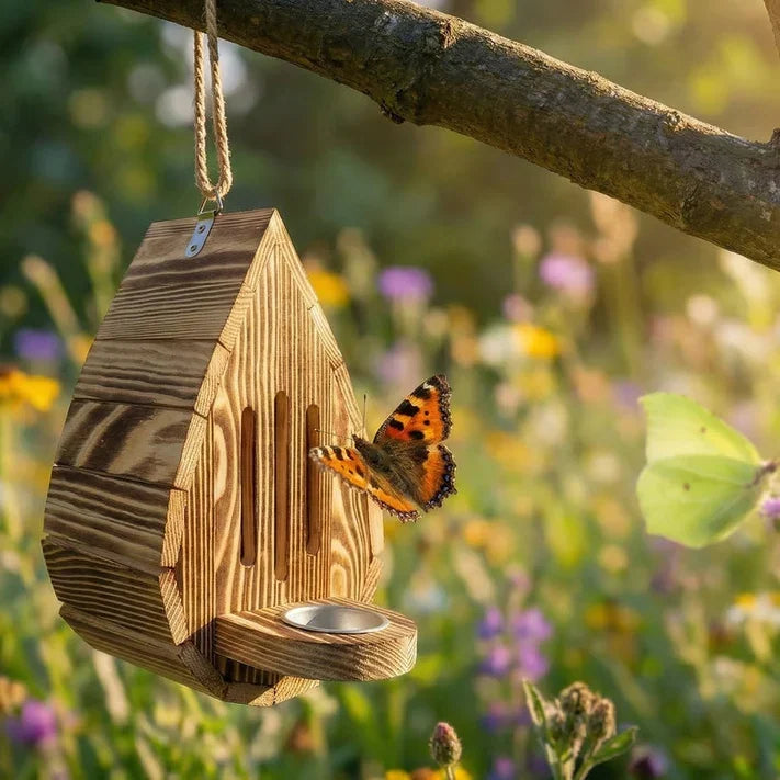Butterfly House hanging in a flower garden