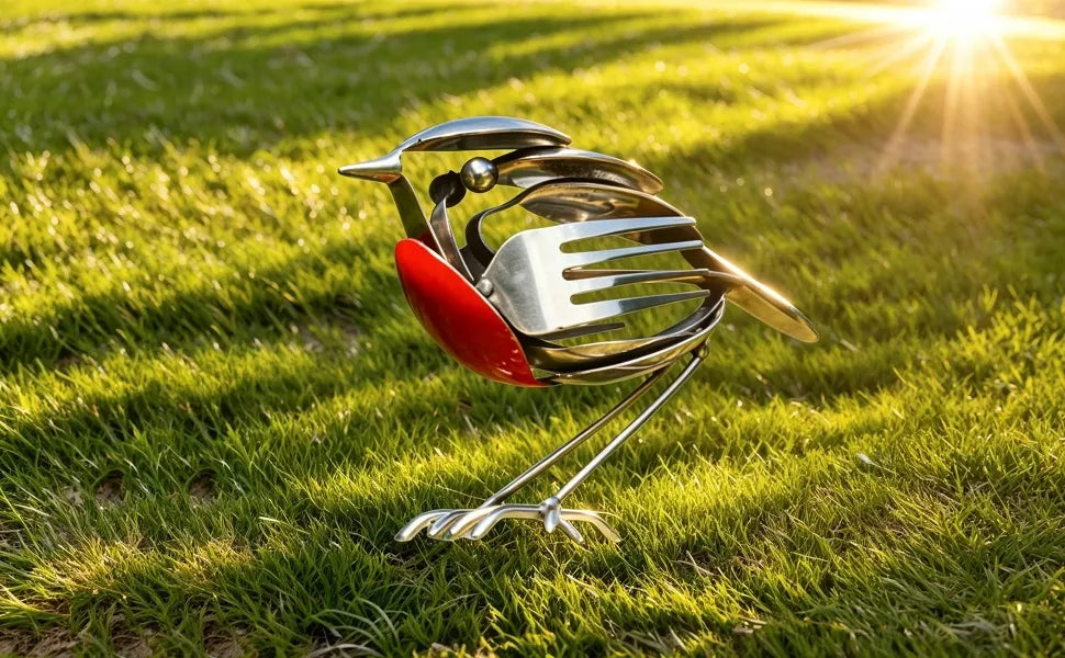 Avyrapick™ Robin Statue - Rustic Scrap Metal Yard Decor, Handcrafted Upcycled Fork & Spoon Ornament, Weather-Resistant Garden Art, Vintage Farmhouse Decoration, Country Home Decor, Gift for Bird Lovers